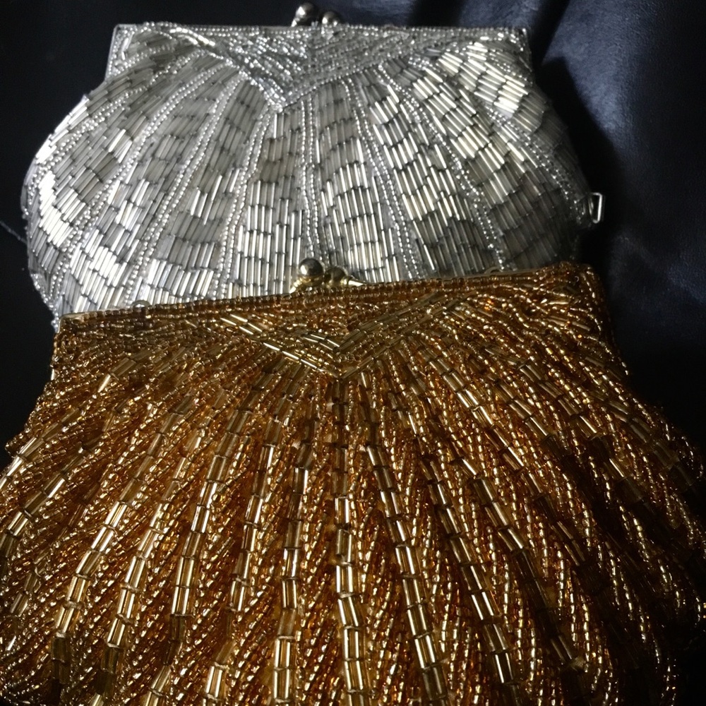 PAIR of vintage glam Art Deco Beaded Purses Gold Silver - Picture 5 of 8